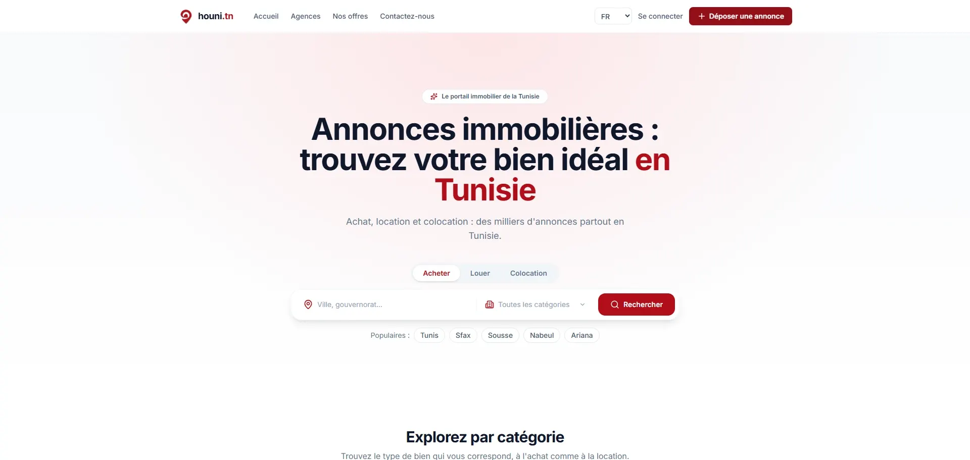 Page d'accueil de Houni.tn : recherche géolocalisée de commerces et services en Tunisie