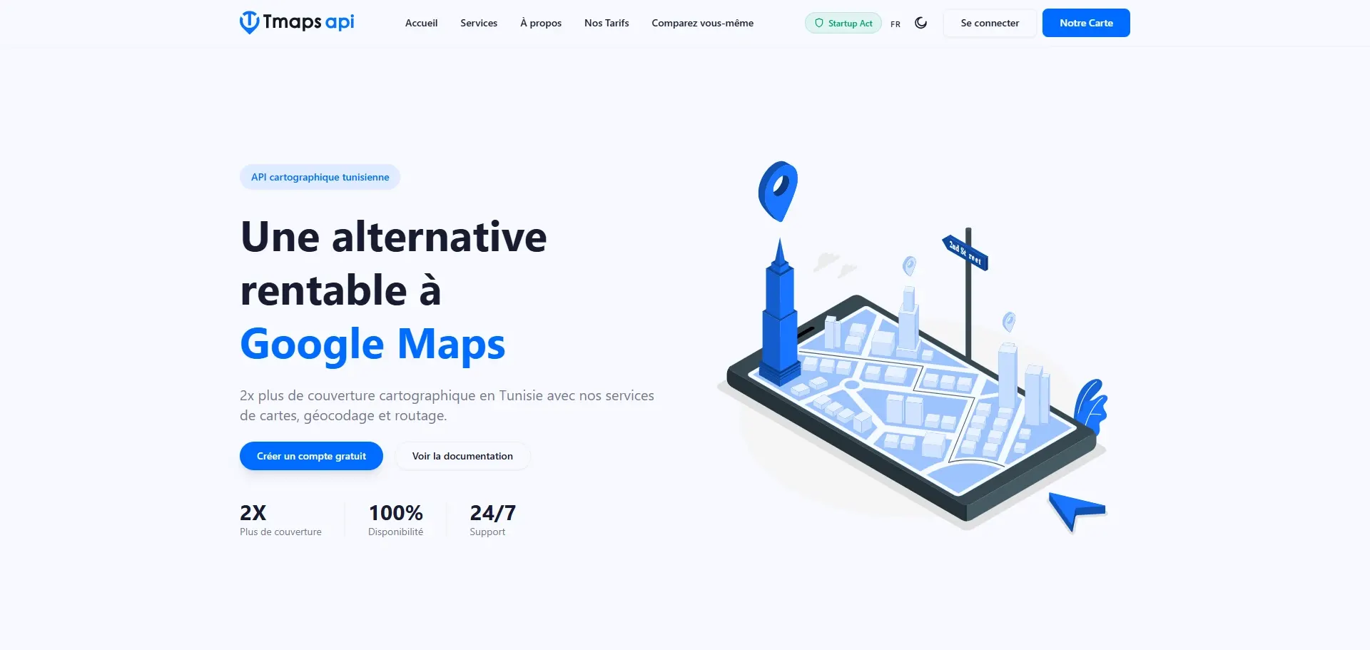 Interface de la plateforme cartographique TMaps : carte de la Tunisie et console développeur